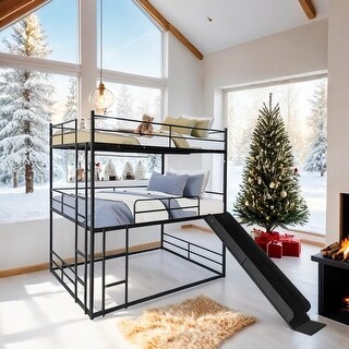 Twin Size House Loft Bed with Slide and Ladder, Black