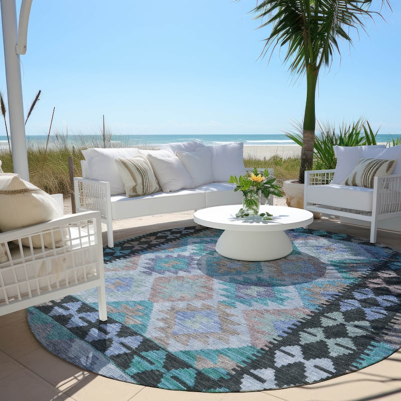 Machine Washable Indoor/ Outdoor Boho Global Chantille Rug - Teal - 8' x 8' - Round
