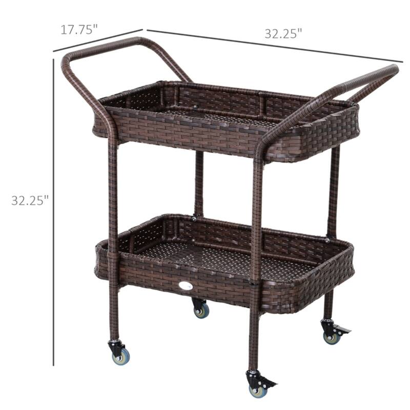 Compact Outdoor Rattan Serving Cart with 2 Tray Shelves Rolling Beverage & Snack Trolley - 32.25" L x 17.75" W x 32.25" H