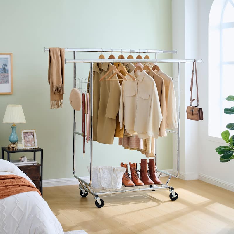 Heavy Duty Clothes Rack, 600/800 lbs Clothing Racks with Wheels, Rolling Garment Rack Collapsible - Double-Silver B