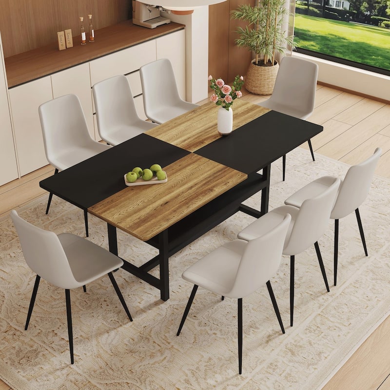 Black Dining Table, Minimalist Dining Table Set with Storage Shelf, 9-Piece Dining Set with 8 Leather Chairs - Black Light Gray Wood