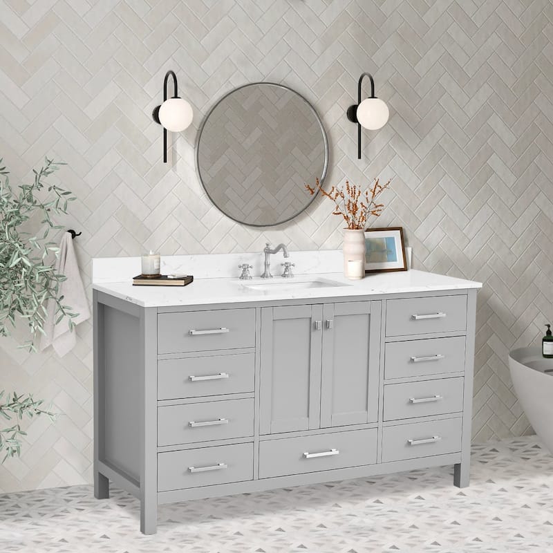 OpalithD 60 in. Bathroom Vanity with Single Sink, Wood Bath Cabinet with Top