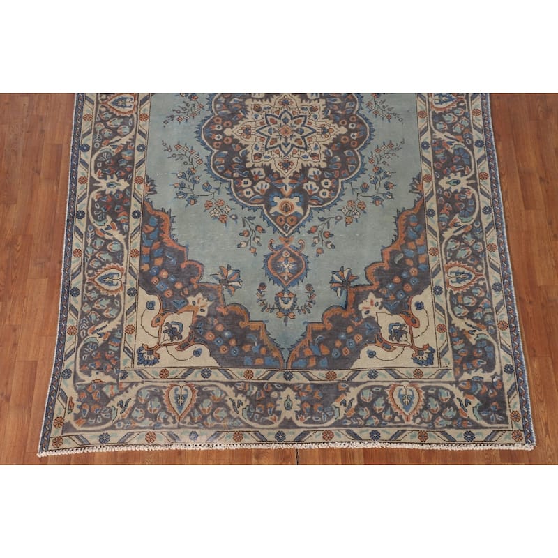 Over-Dyed Blue Tabriz Persian Vintage Rug Hand-Knotted Wool Carpet - 6'2"x 9'5"