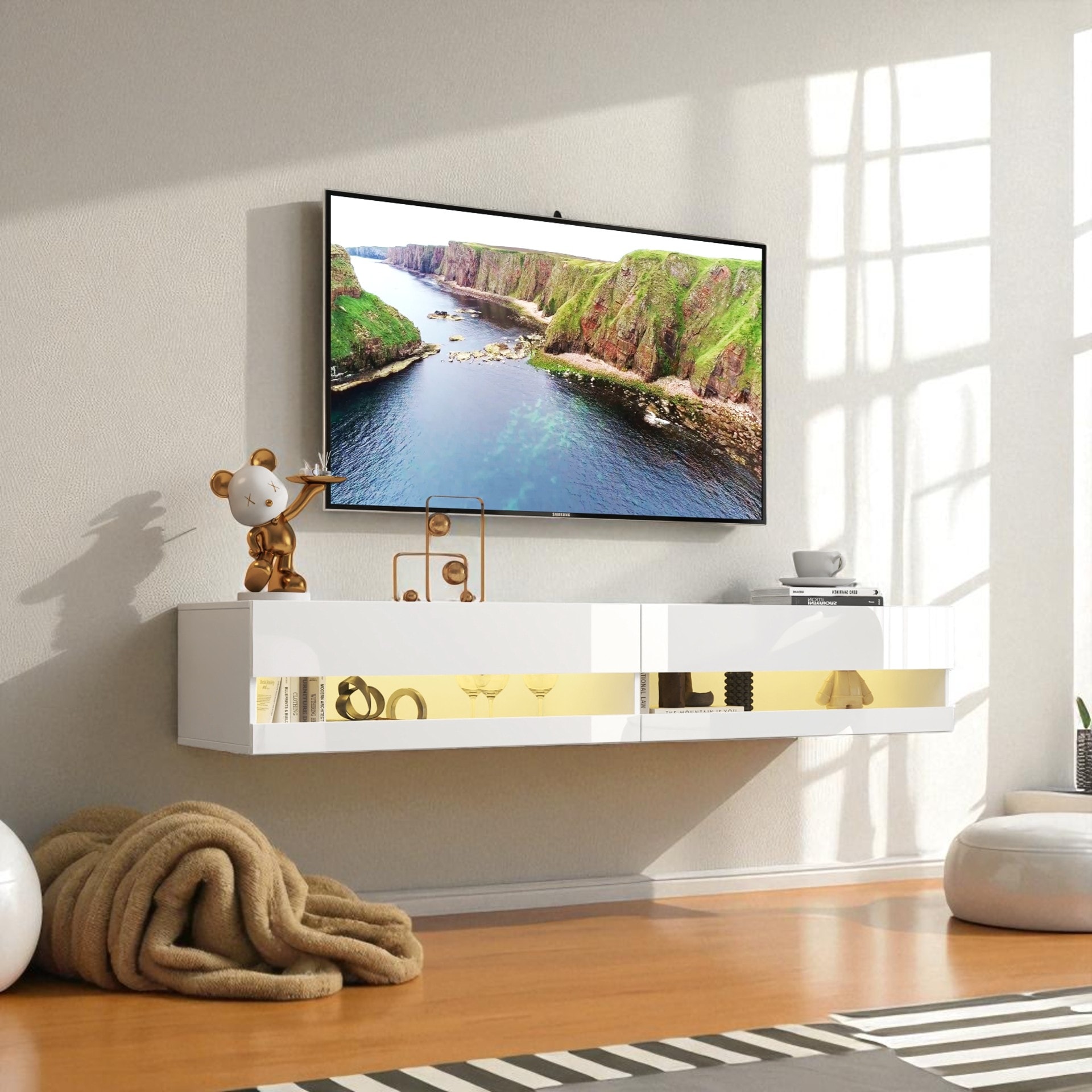 Wall Mounted Floating 80" TV Stand with LED Lights & Charging Station, Modern Media Console with Storage