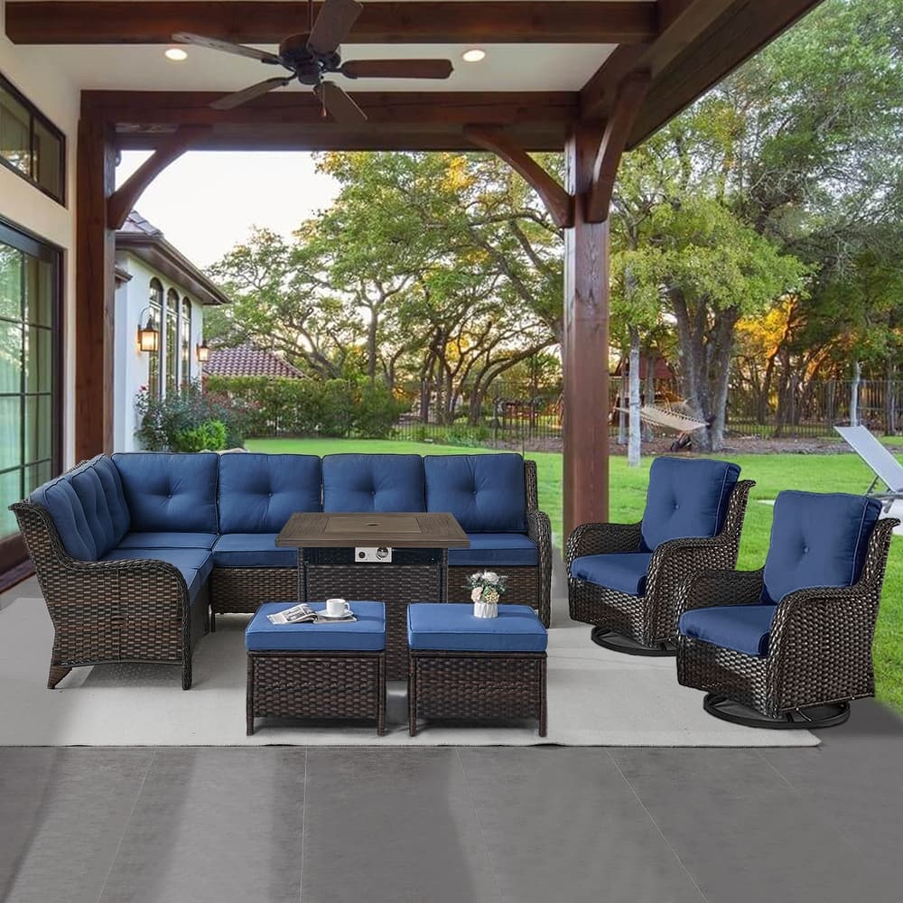 Gymojoy 6-Piece Outdoor Wicker Patio Furniture with Fire Pit and L-shaped Sectional Sofa, Coversation Set with Thick Cushions