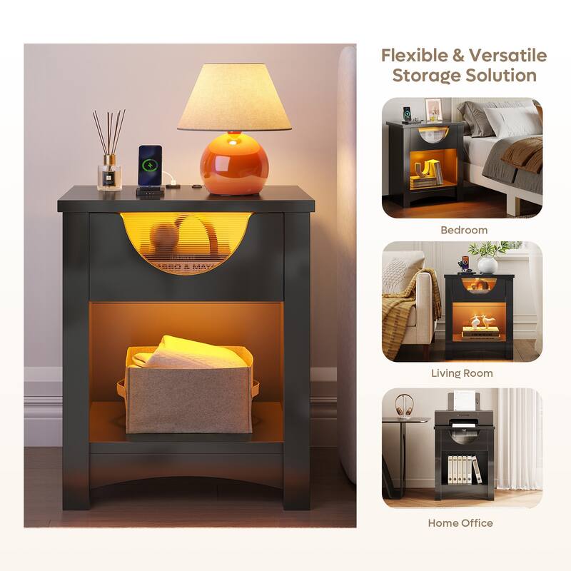 Bestier Nightstands Set of 2 with Charging Station, Modern LED End Table Bedside Table with Drawer for Bedroom & Living Room