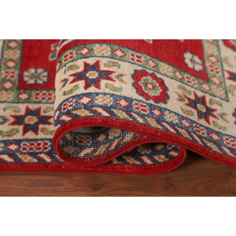Geometric Red Kazak Foyer Rug Hand-Knotted Wool Carpet - 2'10" x 4'3"