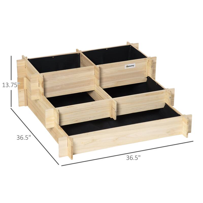 Outsunny 3-Tier Wood Raised Garden Bed with Non-woven Fabric inside, Elevated Planting Box, Outdoor Vegetable Flower Container
