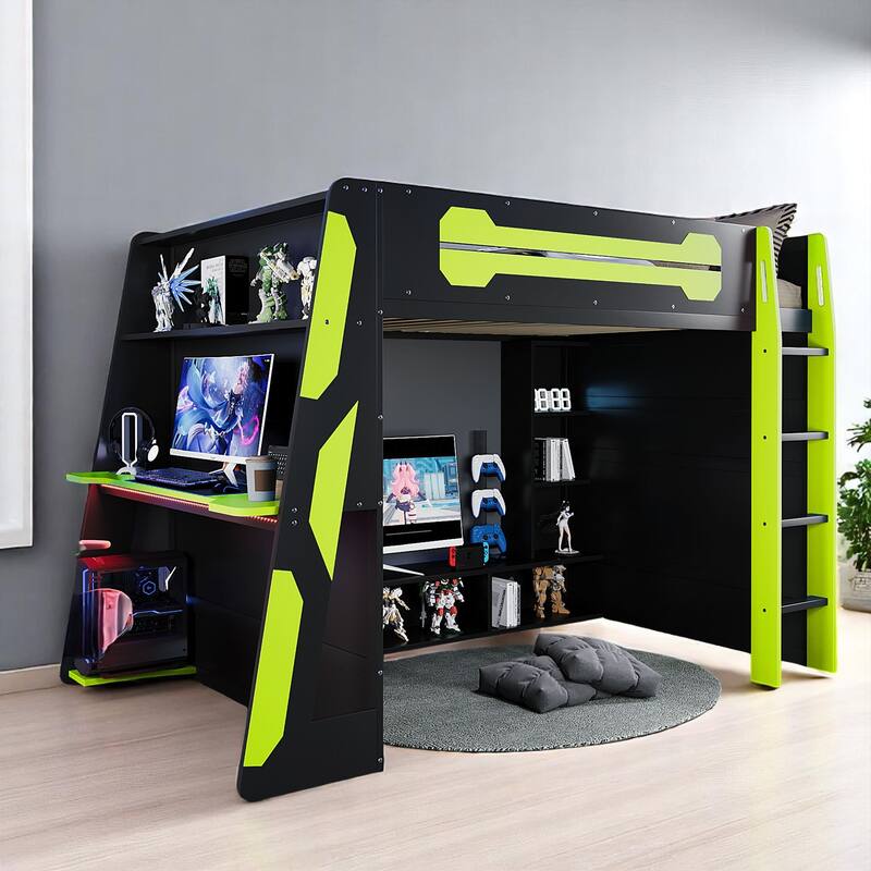 Full Size Gaming Loft Bed with Storage Shelves, Built-in Desk and RGB Light, Sturdy Wood Construction - Green - Full