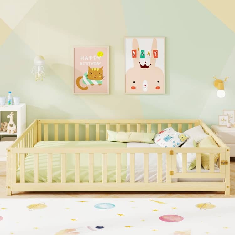 Montessori Floor Bed Frame with Full-length Guardrails Safety Door and Plywood Slats