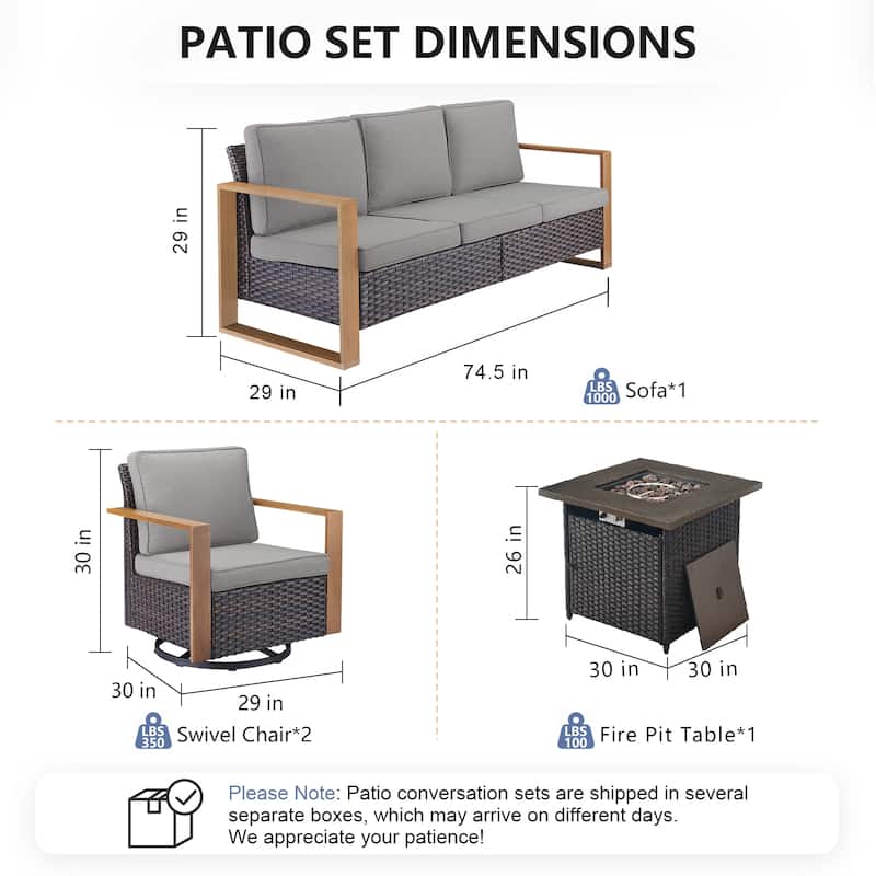 Pocassy Outdoor Fire Pit with 3-Seat Sofa Swivel Chairs Patio Furniture Set