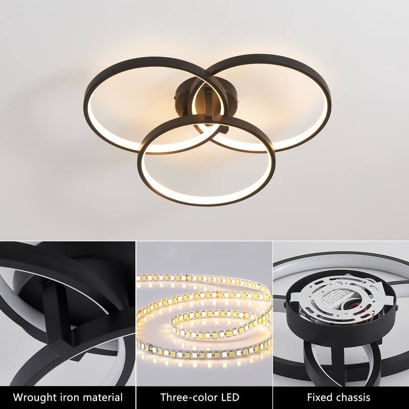 20" Modern Black LED Ceiling Light, 3-Ring Flush Mount Fixture Sleek and Energy-Efficient Design, Easy Installation