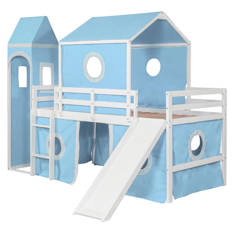 Loft Bed Castle-Shaped Kids Bed with Slide and Window, Tent and Tower, Lovely Kids Bed Playhouse Design for Your Children
