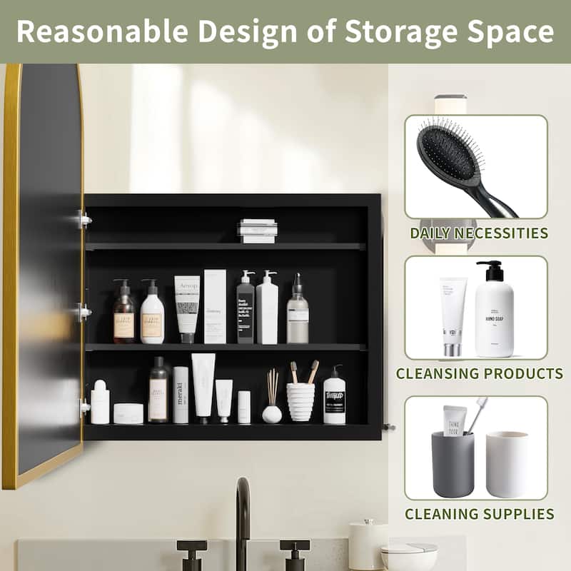 Arched Bathroom Medicine Cabinet with Mirror Metal Framed Wall Mounted Recessed Cabinets for Bathroom Vanity
