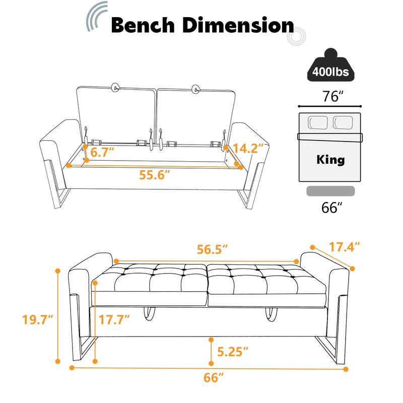 66" Storage Bench for Bedroom End of Bed with Double Lids and Gold Legs