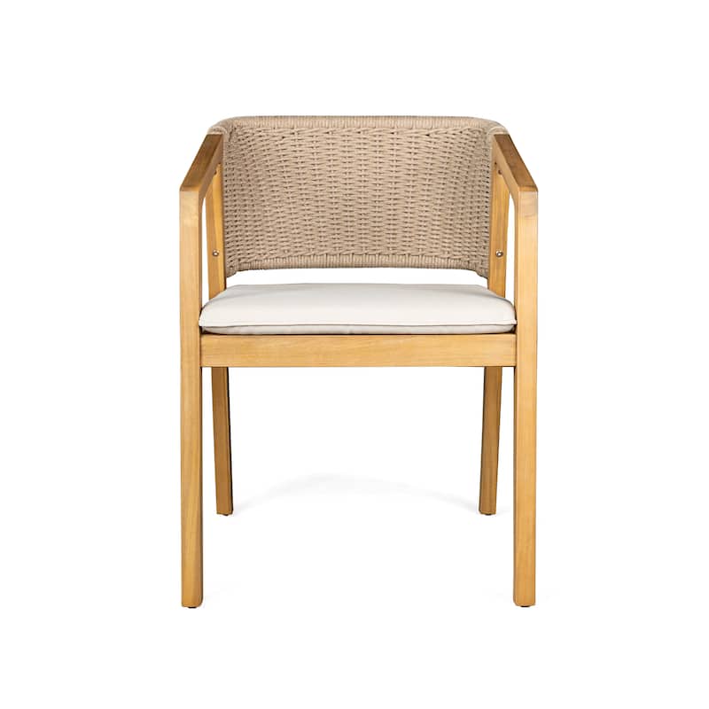Roomfitters Outdoor Dining Chairs Set of 2, Woven Rope Back with Wood Frame and Cushions, Patio Seating in Natural Beige