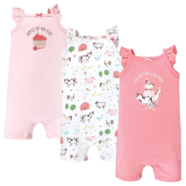 slide 1 of 1, Hudson Baby Infant Girl Cotton Rompers, Girl Farm Animals 0 - 3 Months - Pink