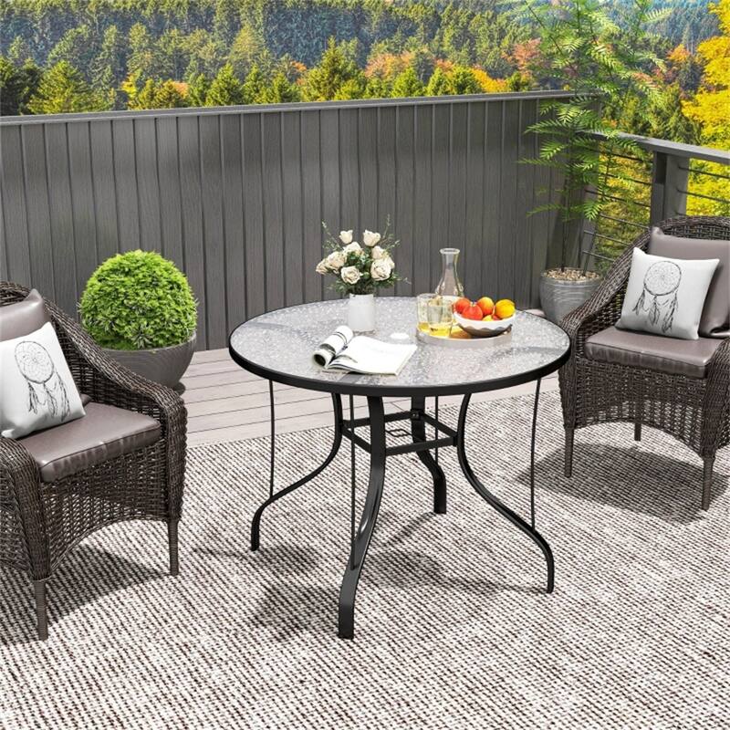 Black Metal Tempered Glass Outdoor Coffee Table with Umbrella Hole - 38" Dia. x 28" H