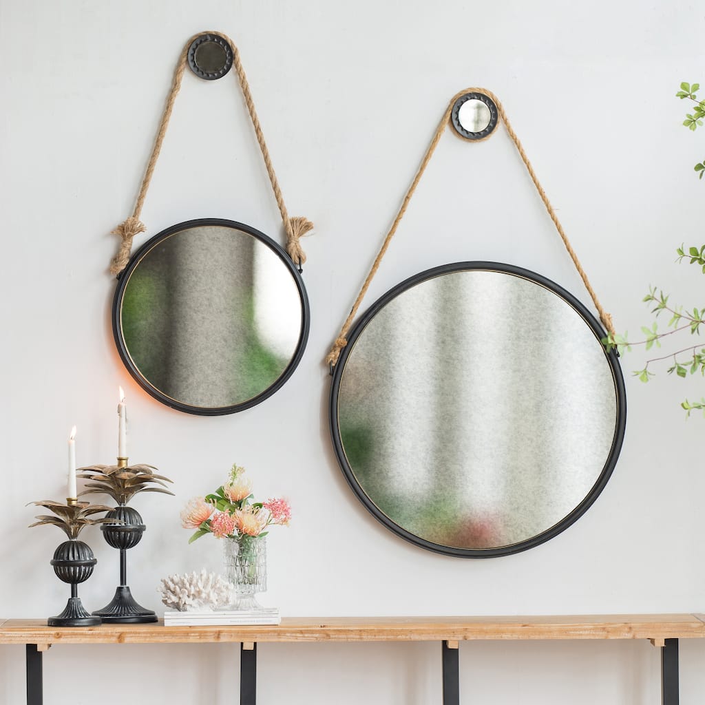 CUSchoice Contemporary Industrial Rope Strap Hanging Cleveland Round Mirror