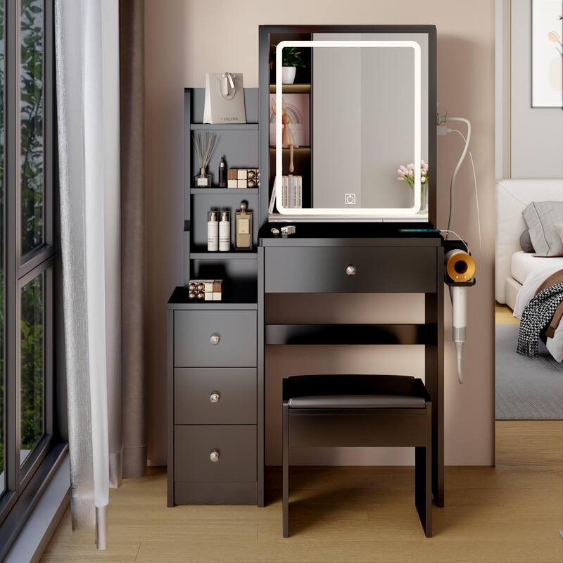 Left Cabinet Makeup Vanity with LED Mirror and USB Power Station and Cushioned Stool