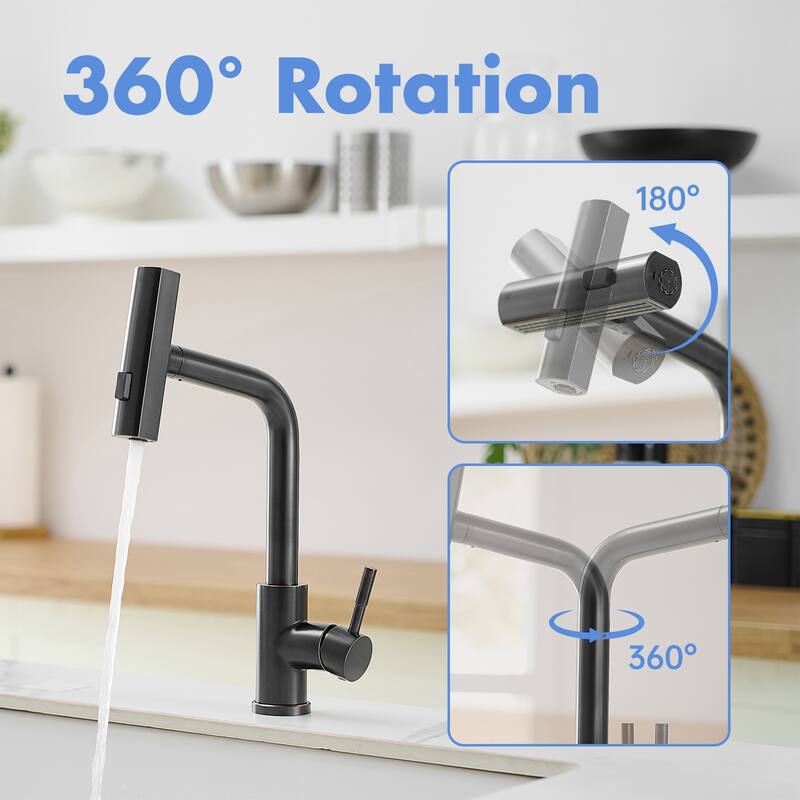 Modern Oil-rubbed Bronze Single Handle Kitchen Faucet with Pull Out Sprayer, 3 Function Water Outlet