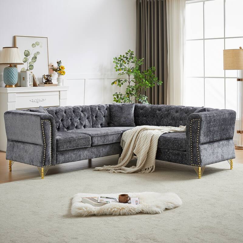 Grey 81.5'' L-Shaped 5-Seater Chenille Sectional Sofa with 3 Cushions, Stylish Corner Couch for Living Room, Bedroom