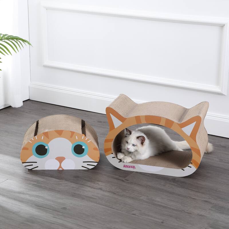 Opal 19" Modern Cardboard Happy Cat Head 2-in-1 Cat Cave Scratcher with Built-In Bell Toys and Catnip, Orange/Blue