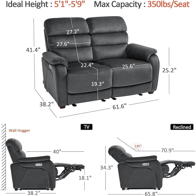MCombo 61.6'' Wall Hugger Power Loveseat Recliner Sofa with Adjustable Headrest and USB A & C Charge Ports