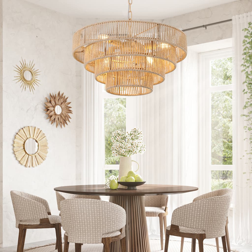 Bohemian style Woven Pendant Light 19.7 Inch Rattan Ligh Large Rattan Pendant Light with 4-Tier Rattan Chandelier