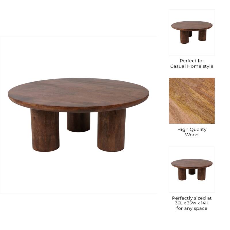 Round Natural Wood Coffee Table Modern Design Solid Cylindrical Legs