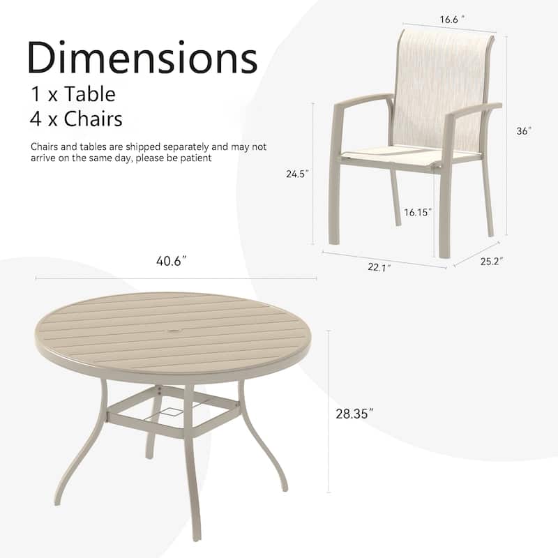 5-Piece Outdoor Dining Set‌ – Includes 4 Stackable Chairs & 40.6" Round Metal Table.