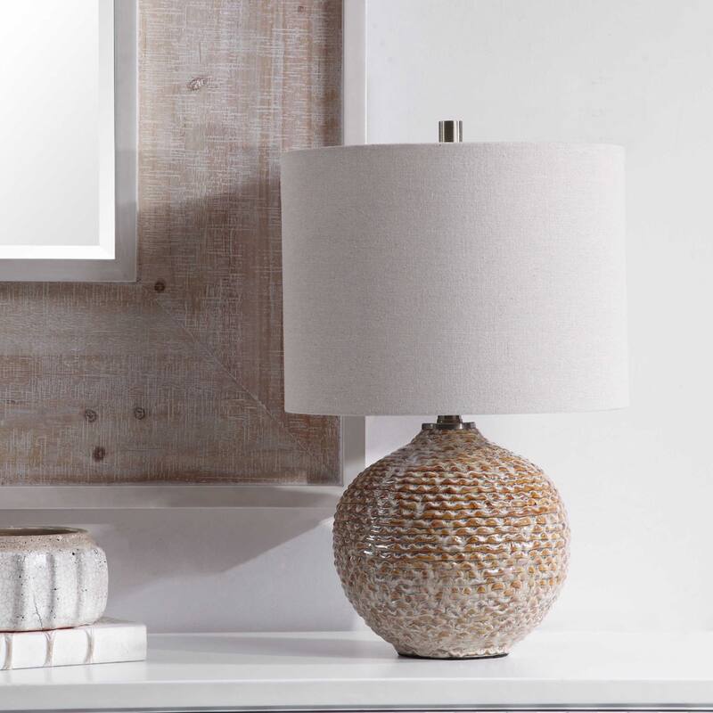 Ribbed Ceramic Table Lamp with White Drum Shade - 22" - Brown