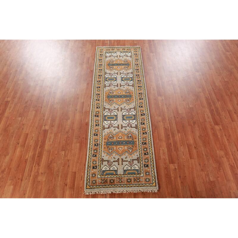 Hand Knotted Oriental 100% Wool Carpet Traditional Geometric Greys & Charcoal Heriz (serapi) Runner Rug - 8' 0'' X 2' 7''