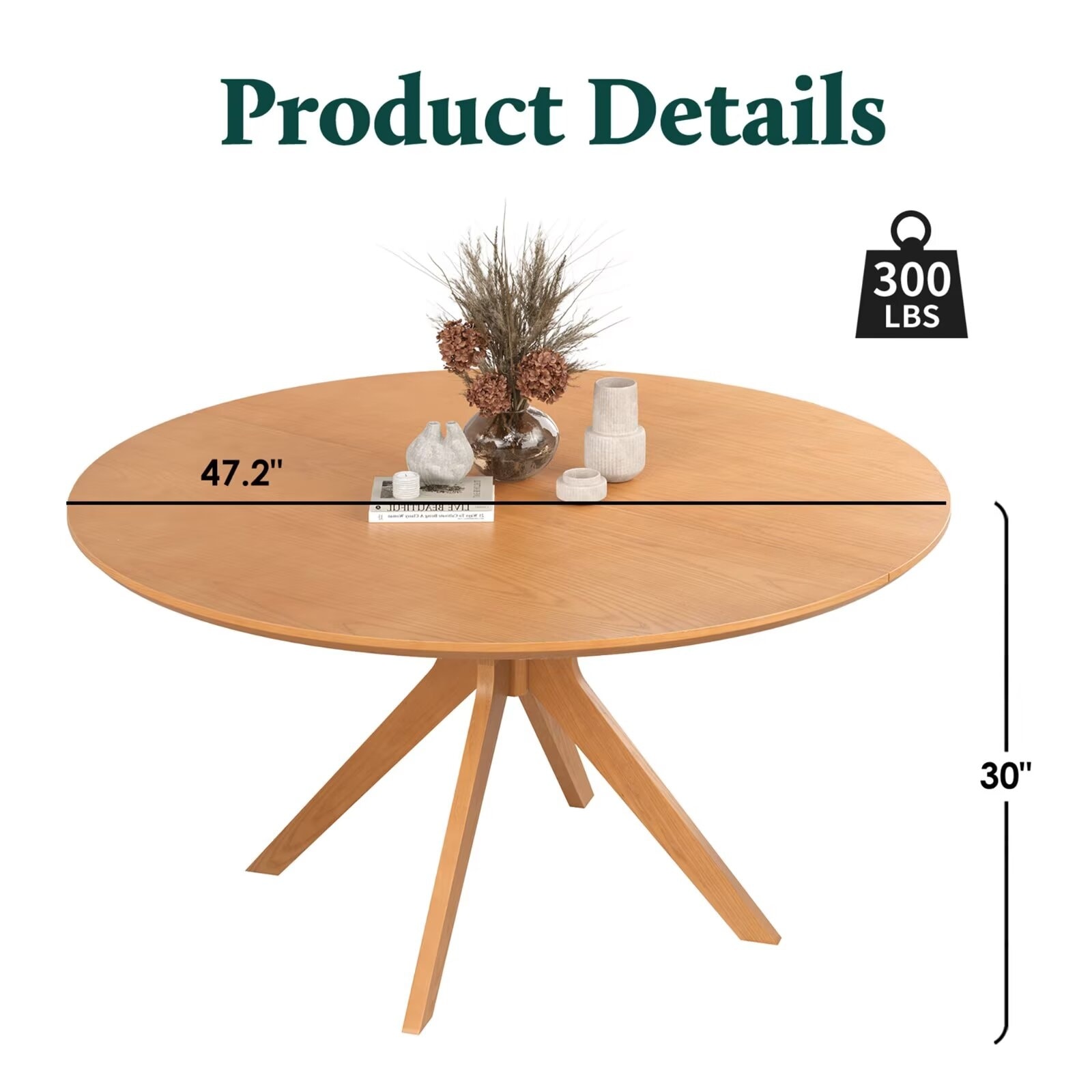 47.2" Solid Wood Round Dining Table for 4-6 People with Intersecting Pedestal Base