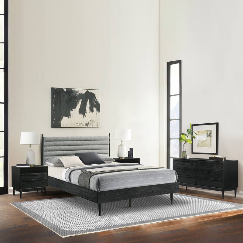 Artemio Black or Walnut Wood Queen Platform Bed Frame with Grey Upholstered Headboard