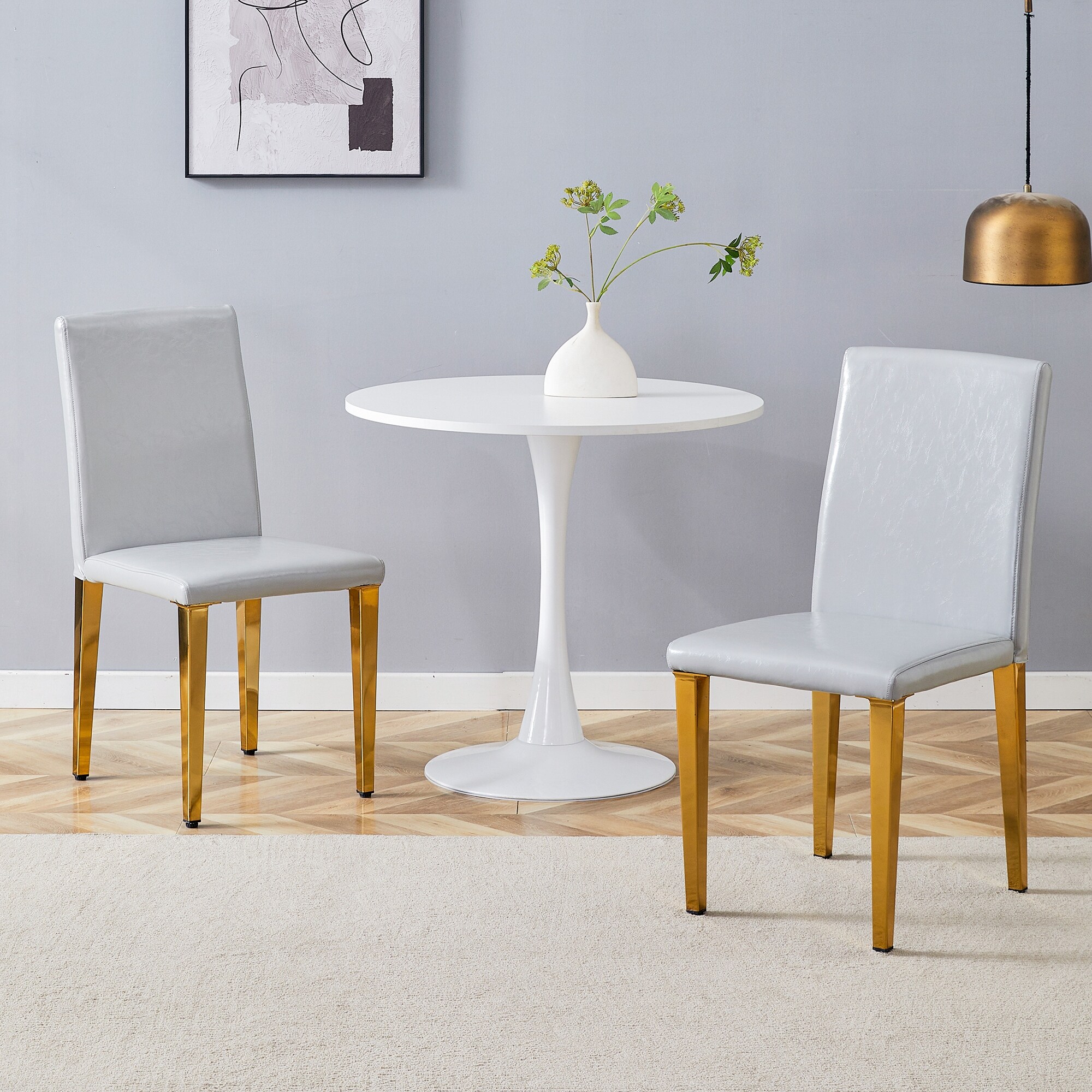 Dining Chair Leather Chair Light Gray Side Chair Office Chair Dressing Chair Set of 2 with Ergonomic Backrest - Gold Light Gray