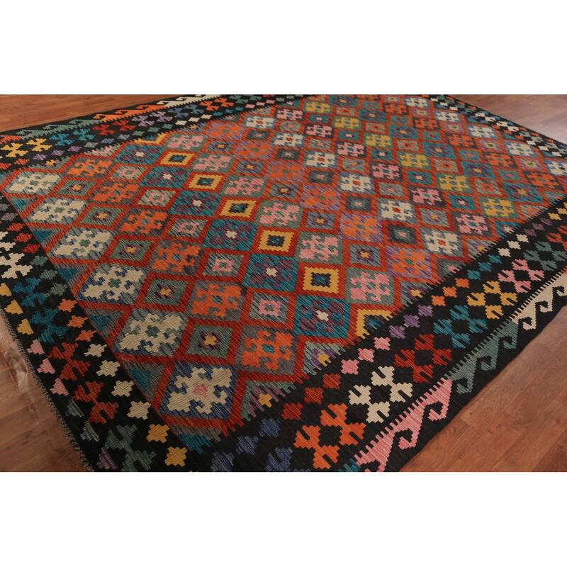 Tribal Geometric Kilim Area Rug Hand-Woven Wool Carpet - 8'7"x 11'6"