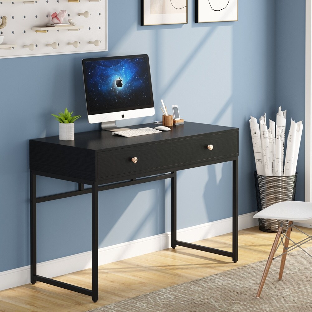 Modern Computer Desk with 2 Drawers, 47“ Simple Study Writing