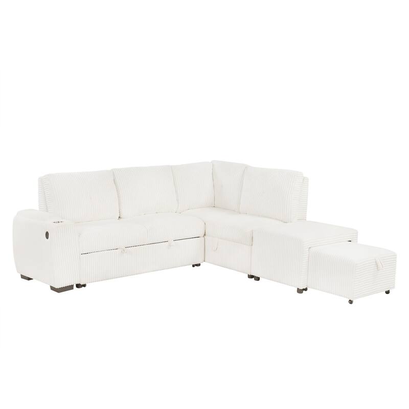 94" Creamy White Corduroy Sectional Pull-out Sofa Bed with Ottoman, Stool, Storage, Cup Holder & USB Ports
