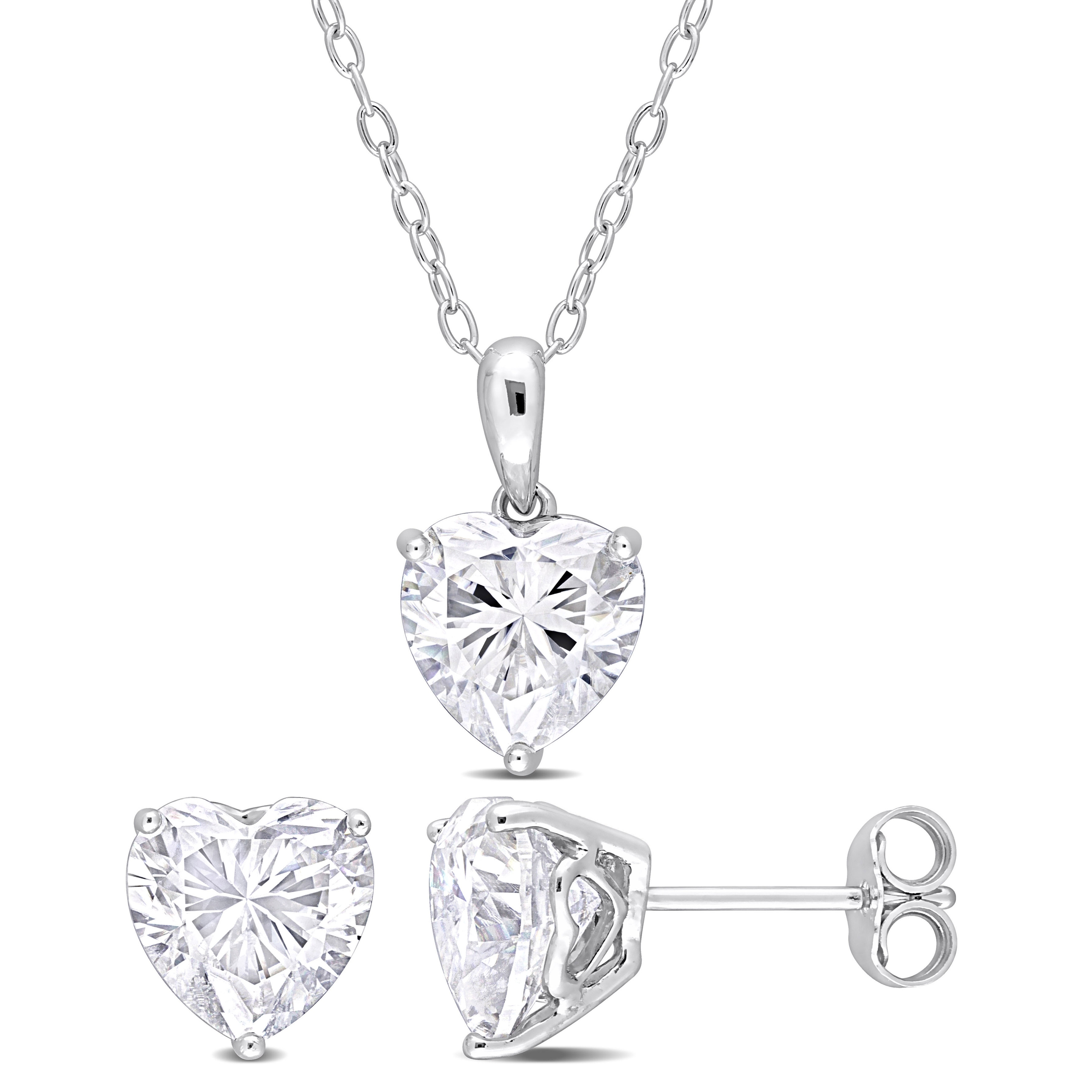 Miadora 6ct DEW Heart-Shape Created Moissanite Necklace and Stud Earrings Set Sterling Silver