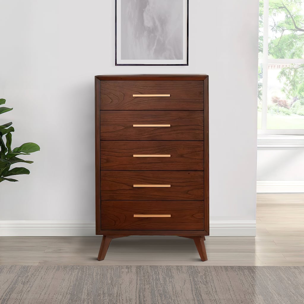 47 Inch Wooden Chest with 5 Drawers, Brown