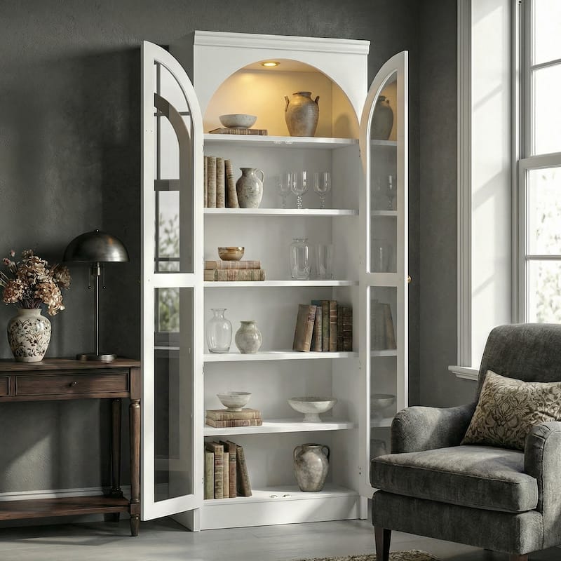 Modular White Bookcase with LED Lights & Glass Doors, 86.6" Tall Arched Display Cabinet Solid WoodStorage Cabinet