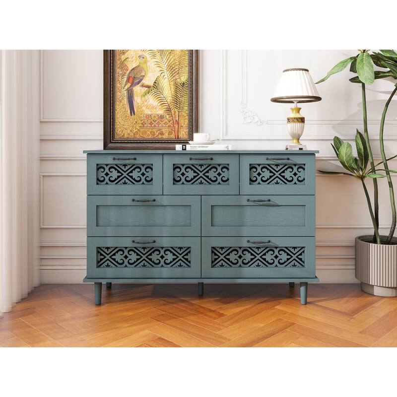 Retro Style 7-Drawer Horizontal Dresser with Carved Drawers Panel and Metal handle for Bedroom, Living Room