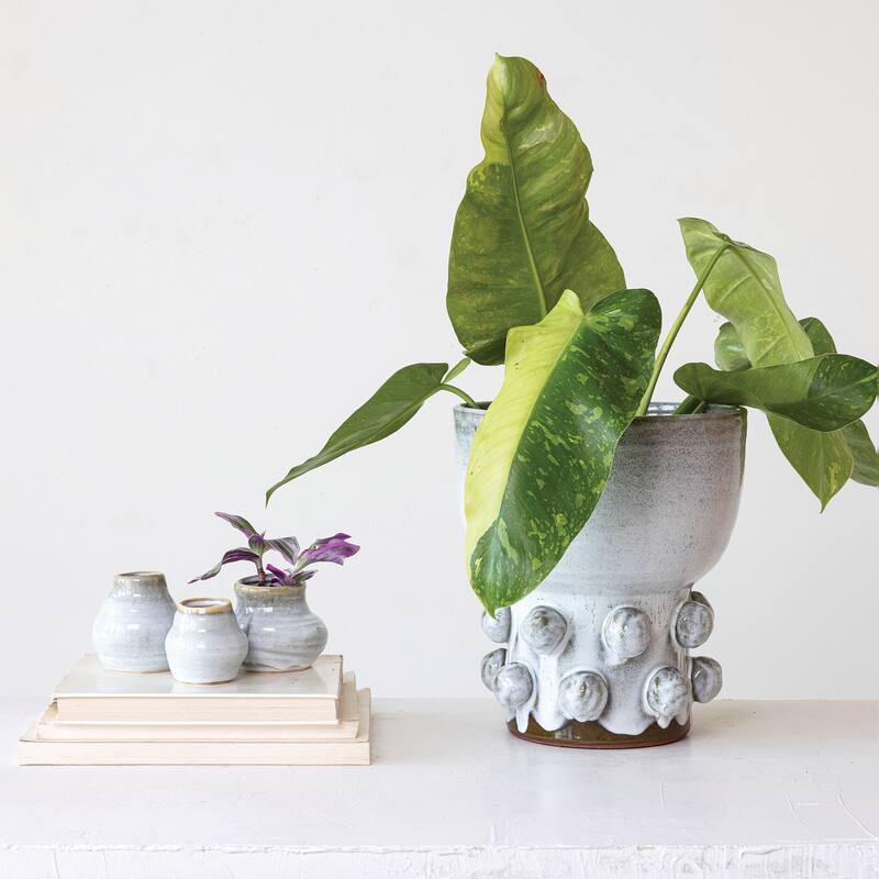 Terra-cotta Footed Vase with Raised Dots and Reactive Glaze