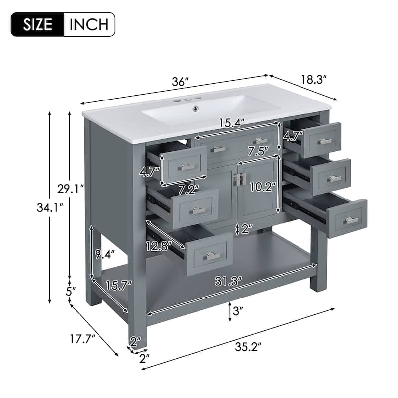 36''Bathroom Vanity With Top Sink,Storage Cabinet With 2 Soft Closing Doors And 6 Drawers,Single Sink Bathroom Vanity