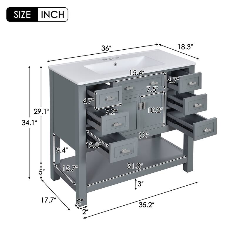 36 Inch Freestanding Bathroom Vanity with Ceramic Sink, 6 Soft Close Drawers, Modern Single Sink Cabinet