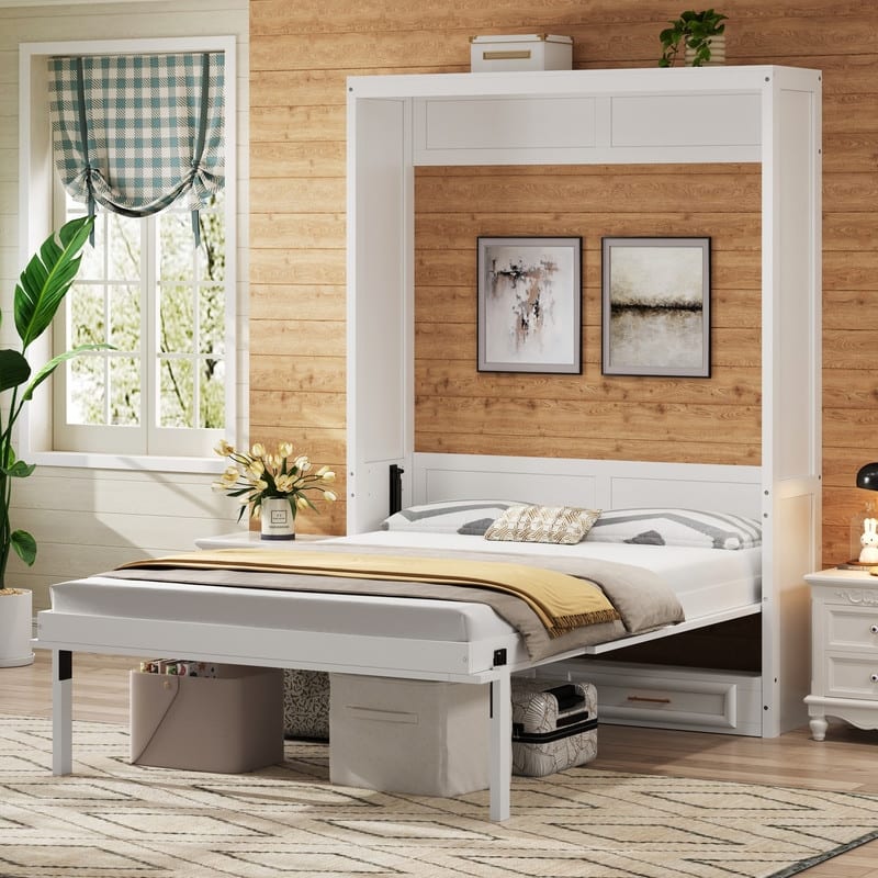 Full Size Murphy Bed with 2 Storage Drawers, Wooden Folding Bed Frame, Wardrobe Design Modern Wall Bed - Full