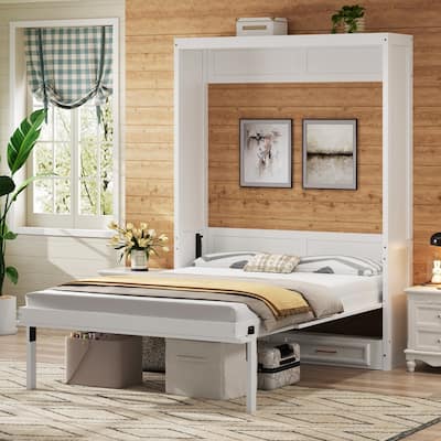Full Size Murphy Bed with 2 Storage Drawers, Wooden Folding Bed Frame, Wardrobe Design Modern Wall Bed