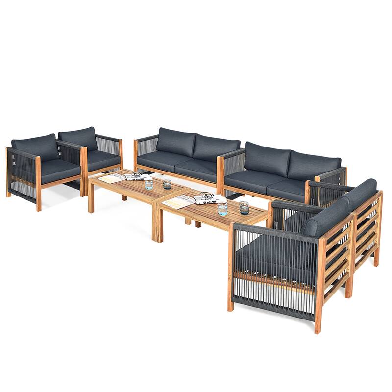 Costway 8PCS Wooden Patio Furniture Set Cushioned Sofa W/Rope Armrest