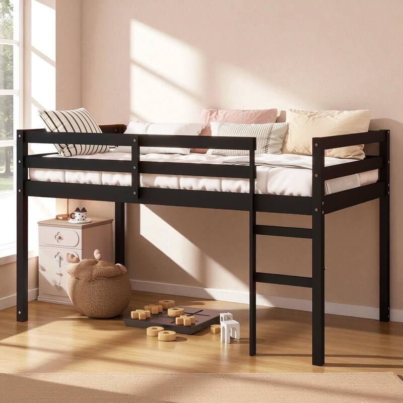 Solid Wood Twin Loft Bed with Ladder, Rubber Wood Frame Low Height Design with Guard Rails and Storage Space - Black - Twin